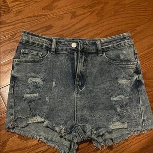 High-Rise Distressed Denim Shorts - Blue